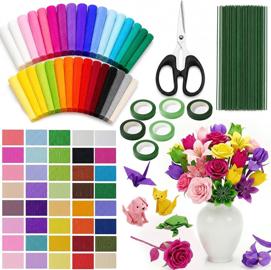 40 Rolls of 40-Color Bulk Crepe Paper, Including 100 Flower Stems and 6 Rolls of Tape, Plus a Free 5.43-inch Pair of Scissors Suitable for Bouquet Wrapping, DIY Crafts, Wedding and Party Decorations