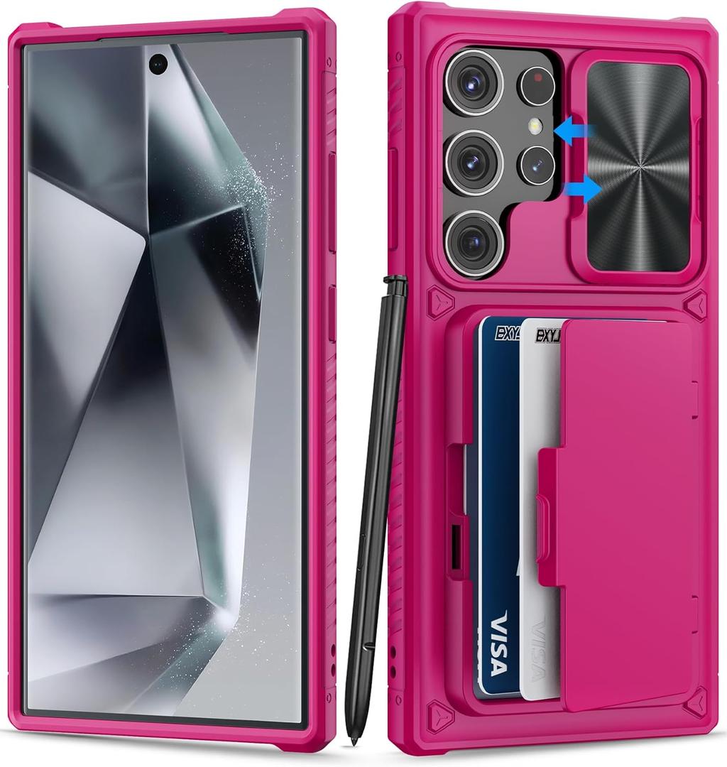 for Samsung Galaxy S24 Ultra Wallet Case, Built-in Card Holder (Store 4-5 Cards) & Kickstand & Slide Lens Cover, Military Grade Protection, Hard Silicone Case for Galaxy S24 Ultra 2024, Hot Pink