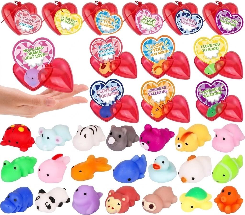 28 Pack Valentines Day Gifts for Kids Classroom Mochi Squishies Fidget Toys Filled Heart with Valentines Cards for Kids School, Valentines for Class Valentines Exchange Cards Party Favors Prizes