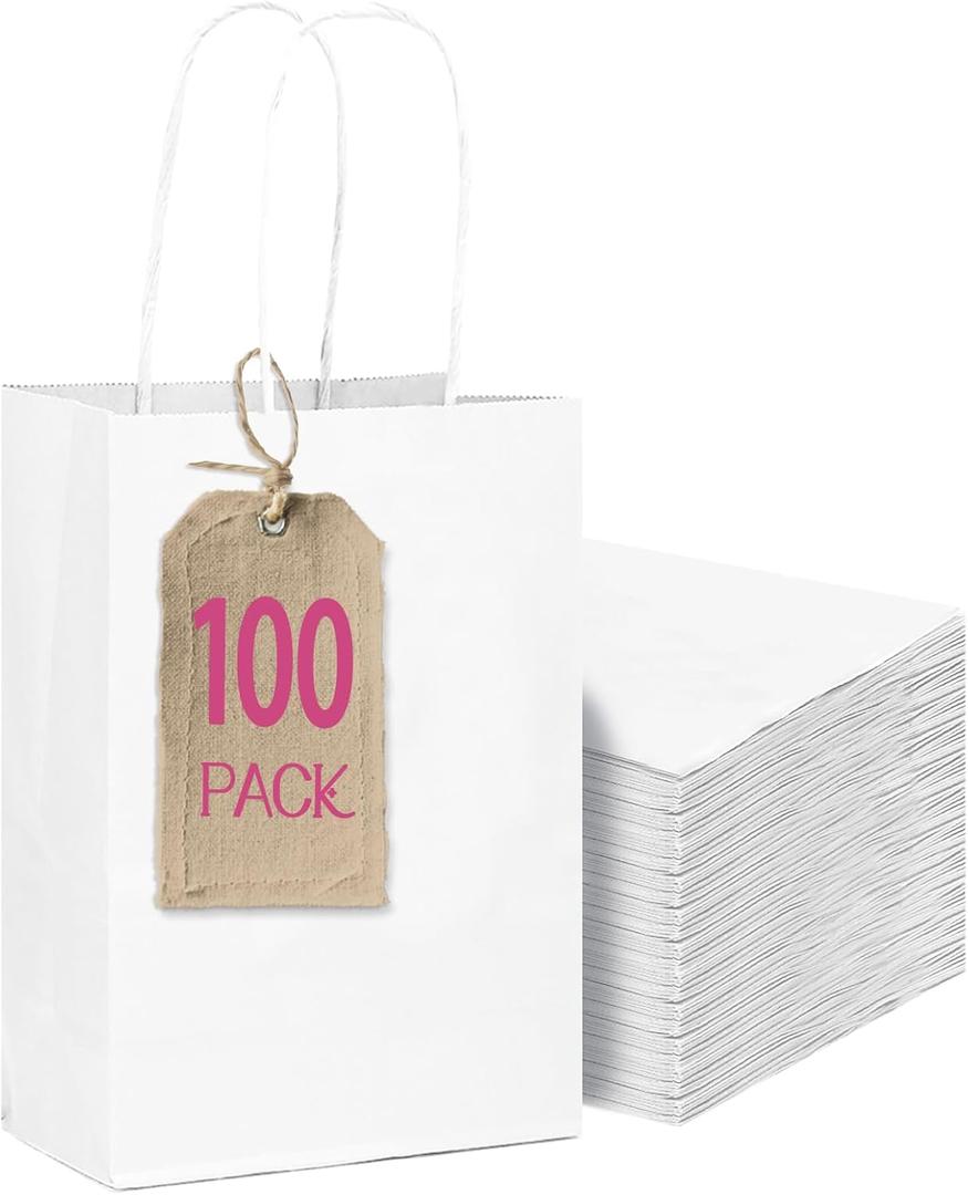 Qiqee 100Pcs Mini White Paper Gift Bags with Handles Bulk 4.5"2.5"6" Gift Bags Multiple Uses