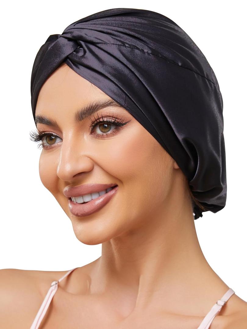 Adjustable Silk Satin Bonnet for Sleeping Hair Wrap, Double Layer Sleep Cap, Night Turban for Large Long Curly Braid Women Men Hair - Black
