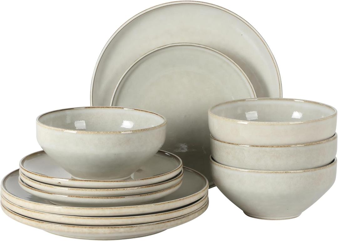 Gibson Elite White Sands Plates and Bowls Sets, 12-Piece Stoneware Dinnerware Sets, Reactive Glaze Dish Set - Moonstone White, Service for 4 (12pcs)