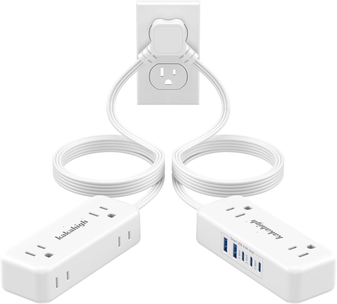 Split Extension Cord 10FT (5FT on Each Side), Single Flat Plug Twin Extension Cord with 4 AC Outlets, 2 USB-A & 3 USB-C(24W/4.8A), Nightstand Charging Station for Bedroom Dorm Room Home, His and Hers