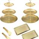 6 Pcs Gold Cake Stands Set, 2 PCS 3 Tier Stainless Steel Cupcake Stands with 2 PCS Rectangular Trays, 3 PCS Serving Tongs, Gold Dessert Stand Cupcake Tower for Weddings, Birthday Party