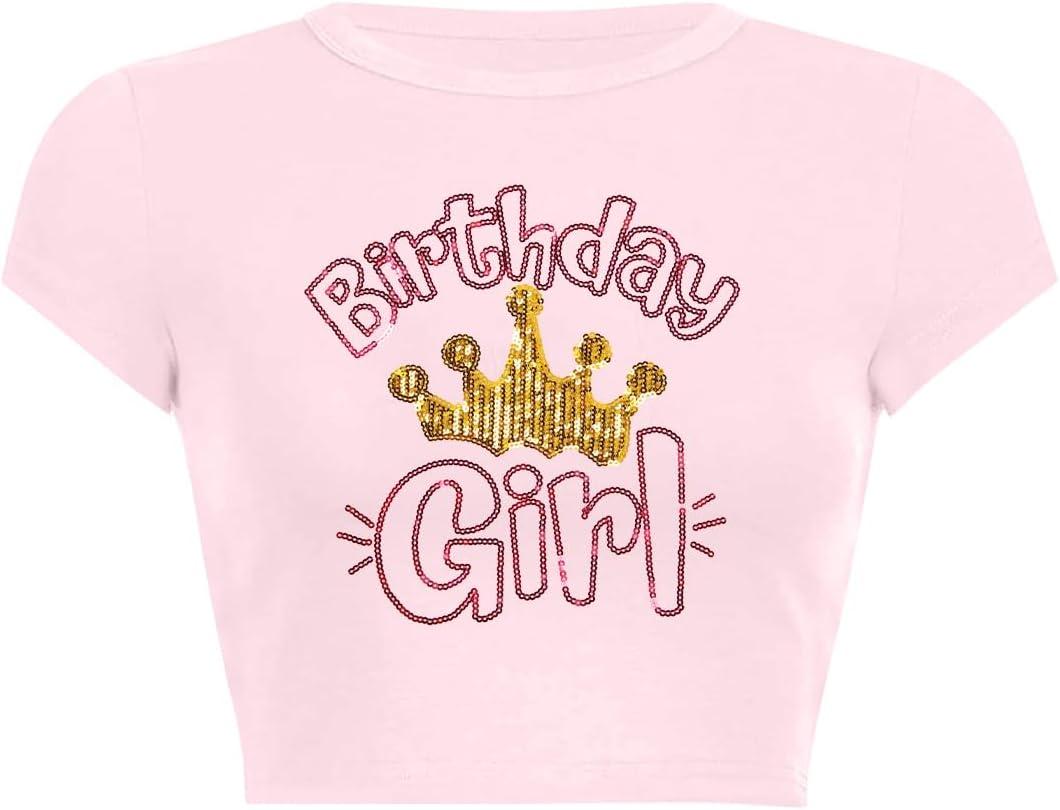 Birthday Shirt Women Birthday Girl Graphic Tee Funny Crop Top Glitter Short Sleeve Crewneck Outfit (Pink, L)