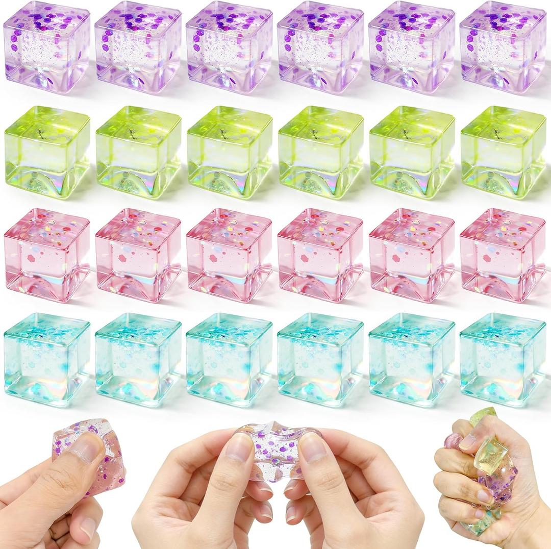 24Pcs Stress Balls Sparkle Fidget Toys, Ice Cube Squeeze Toys - Square Squeeze Ball Sensory Toys, Squeeze Toys - Small Stress Balls for Adults, Easter, Party Favors, Easter Basket Stuffers