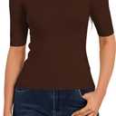 Women's Short Sleeve Sweaters Dressy Casual Mock Turtleneck Shirt Highly Stretchy Ribbed Knit Fitted Top Blouse (Large, Mocha)