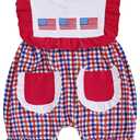 Newborn Baby Girl 4th of July Outfit Sleeveless Plaid Bubble Romper American Flag Embroidery Bodysuit with Pockets, 6-12M