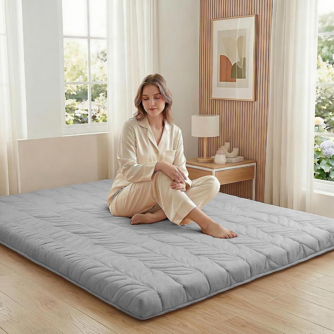 ZonLi Japanese Floor Mattress Futon Mattress King Size, 4" Thicken Roll Up Tatami Mat 100% Cotton Washable Cover, Portable & Foldable Floor Bed Mattress for Sleeping, Dormitory, Adult Kids, Grey