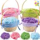 JOYIN 4 Pcs Easter Bamboo Baskets Gift Woven Baskets with Handles and 4 Colors Grass Paper Shreds for Easter Egg Hunt, Kids Party Supplies