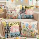 Easter Pillow Covers 18x18 set of 4,Vintage Decorative Eggs Bunny Throw Pillow Covers Retro Linen Pillowcases, Spring Holiday Home Decor Farmhouse Sofa Cushion Living Room Bedroom Happy Easter Gifts