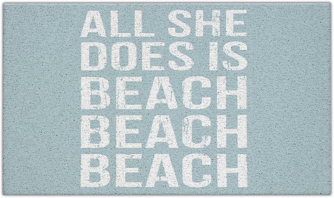 Blue Beach Door Mat, All She Does is Beach Doormat for Indoor Outdoor Entrance Porch, Retro Coastal Welcome Mats for Front Door Entryway, Ocean Bathmat Rug for Bathroom, 17x30 Inches