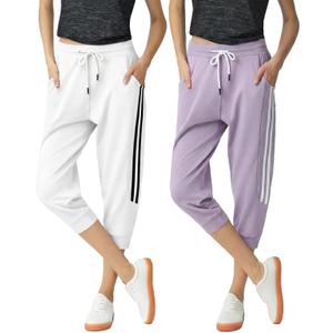 SPECIALMAGIC Women's 2 Pack Capri Pants Cropped Joggers with Pockets Capri Sweatpants, Ivory White+Lilac, Large