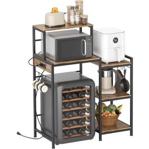 Multifunctional 6-Tier Mini Fridge & Microwave Stand with 2 AC/2 USB Outlets - Coffee Bar & Bakers Rack Storage Shelf, Mini Fridge Cabinet for Kitchen, Dorm, Living Room