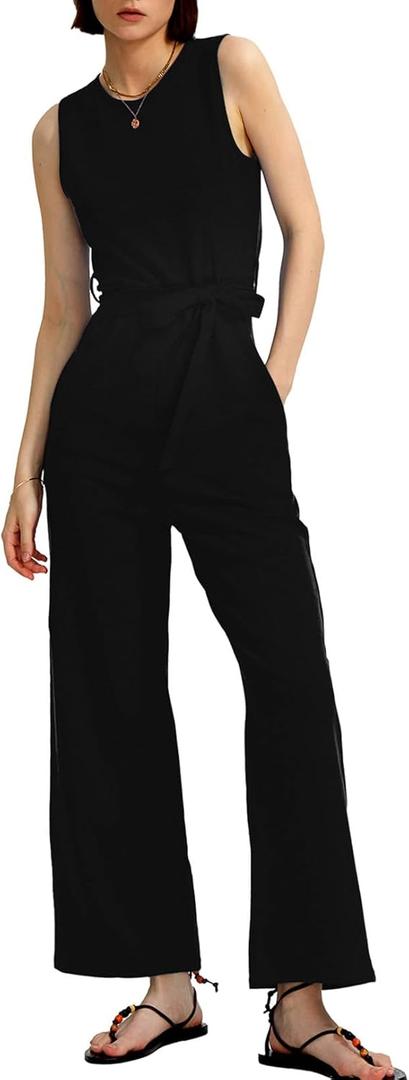CHERFLY Jumpsuits for Women Dressy Summer Formal Outfits Belted Wide Leg Overalls 2025(Jet Black, M)