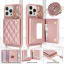 for iPhone 16 Pro Max Case with Card Holder and Strap for Women,Crossbody Lanyard, Make Up Mirror,Ring Stand,Snap Clasp,Cute Phone Wallet Cases 6.9 inch - Dark Rose Gold