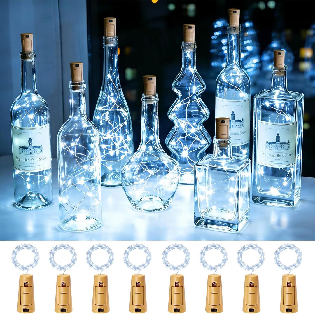 VOOKRY Wine Bottle Lights with Cork 20 LED Battery Operated Cork String Lights Mini Copper Wire Bottle Lights for Bottle DIY, Party, Gifts, Wedding, Christmas, Bar Decoration(Cool White 8 Pack)