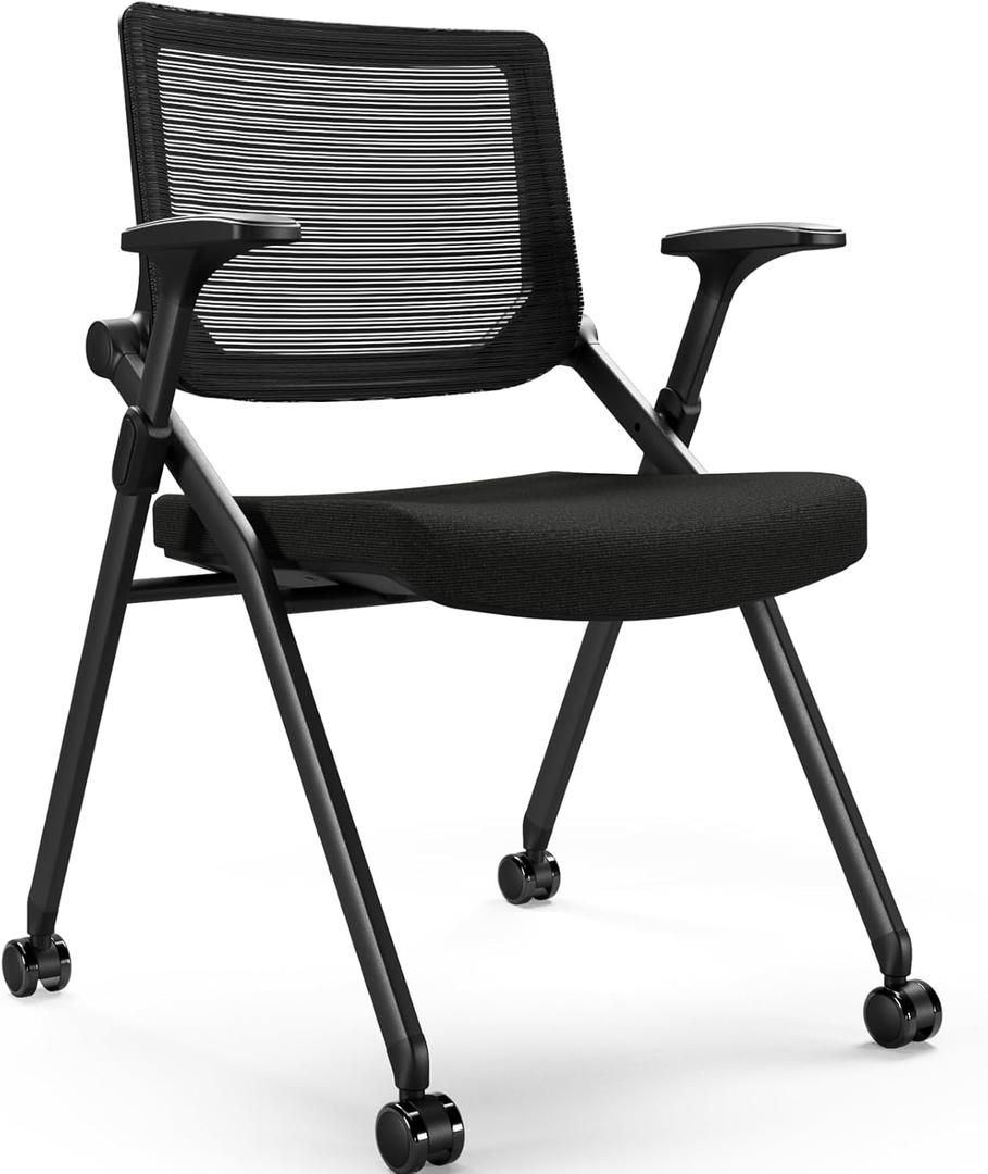FYLICA Foldable Office Chair with PU Wheels and Smooth Armrest-Ergonomic Mesh Bouncing Back, Stackable Conference Room Chair, Office Guest & Reception & Meeting Chair (Black)