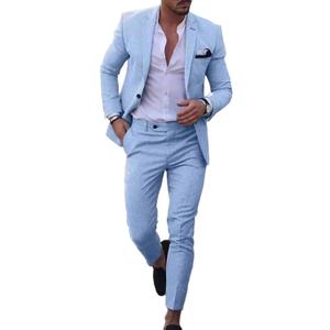 UNINUKOO Mens 2 Piece Suit Linen Summer Top Blazer Pants Sets Beach Wedding Wear Vacation Prom Suits for Men (Medium, Sky Blue)