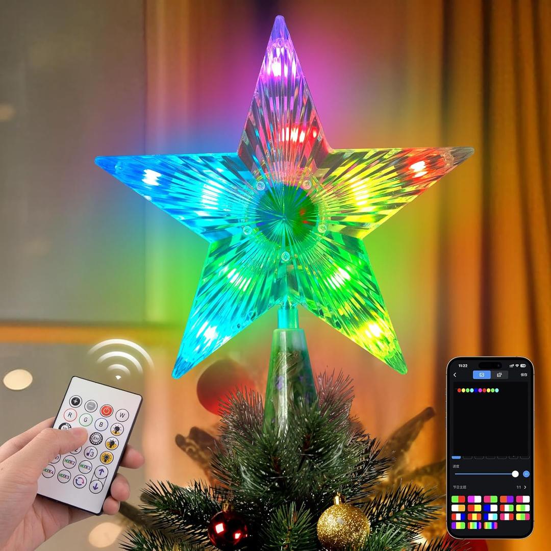 Christmas Tree Topper Star Remote & APP Controlled Smart Treetop 7.5'' 20 Color Modes Christmas Star LED Lighted USB Powered for Xmas Holiday Party Decorations Gift (Indoor and Outdoor)