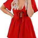 Aoysky Womens Summer Short Rompers Sexy Cute Loose Tie Front Jumpsuit Casual V Neck Wide Leg Beach Overalls (Medium, Red)