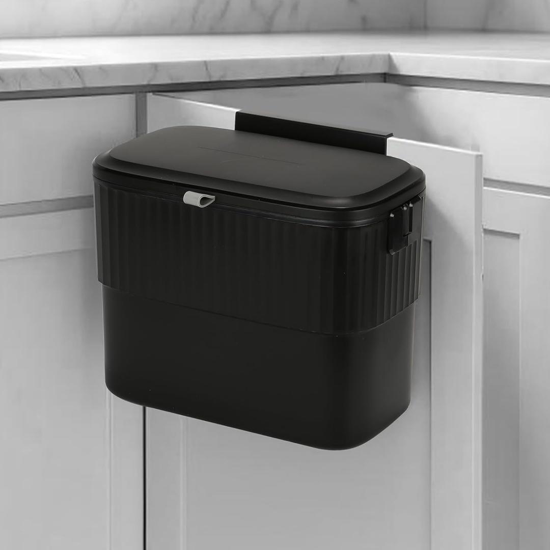 ELPHECO Kitchen Compost Bin with Lid 1.8 Gallon Hanging Can with Lid, 7 Liter Wall-Mounted Garbage Can for Kitchen Cabinet Door, Small Under Sink Can for Counter Top, Bathroom, Black