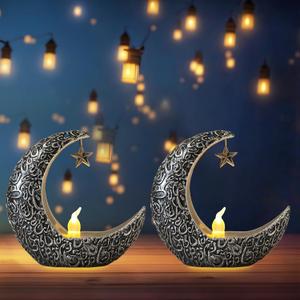 Hying 2 Pieces Ramadan Lanterns Decoration Eid-ul-fitr Table Lamp Eid Mubarak Flameless Candle Lanterns Ramadan Moon Star Lamp for Home Tabletop Decor, Sliver/Black