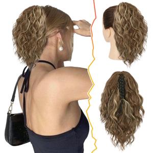 BARSDAR Short Highlight Ponytail Extension - 12 Inch Claw Clip Ponytail Extensions for Women, Short Wavy Multi Layered Synthetic Clip in Pony Tail Hairpieces - Medium Brown with Highlights