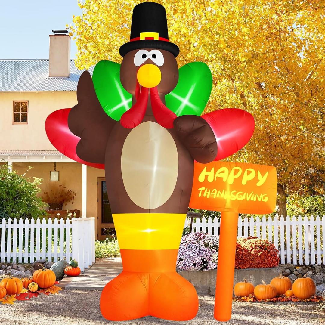 Danxilu 12 FT Giant Inflatable Turkey Thanksgiving Outdoor Decorations, Thanksgiving Inflatables with Street Signs Blow up Yard Decoration Built-in LED Lights for Garden Lawn Fall Holiday Decor