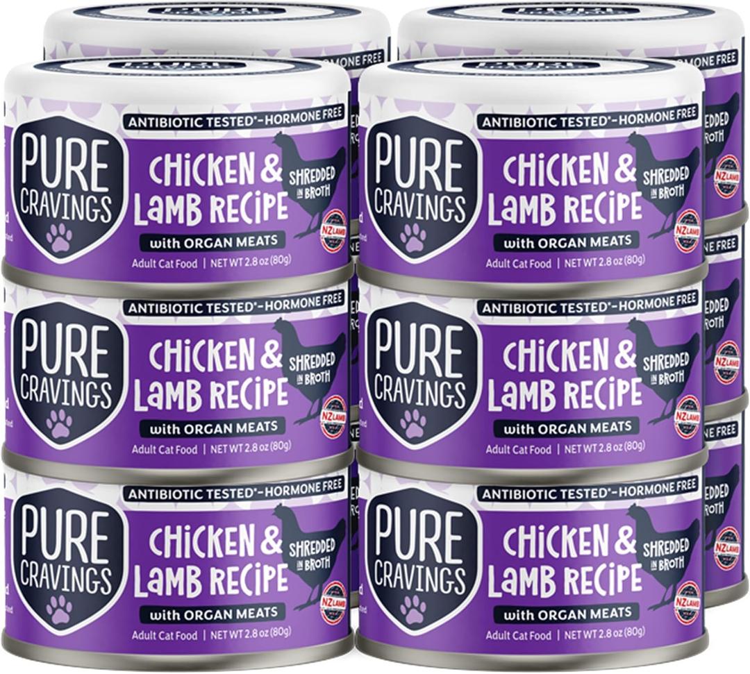 Pure Cravings Chicken and Lamb Recipe in Broth, Shredded Wet Cat Food, Grain-Free Protein, Non-GMO, 12 Pack (EXP 02/28/29)