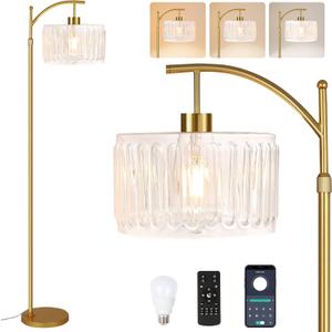 QIYIZM Glass Floor Lamp for Living Room, Bedroom, Gold Dimmable Standing Lamp with Remote, Brass White Tall Lamp Boho Mid Century Modern Floor Lamps Arc Floor Light Lamp Girls Kids Bohemian
