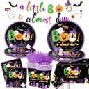 A Little Boo Is Almost Due Decorations-142Pcs Halloween Baby Shower Tableware Black Halloween Boo Plates and Napkins Set A little Baby Shower Party Supplies