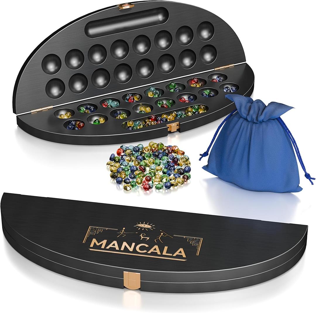 Wooden Mancala Board Game Set, Classic 2-Player Folding Game, Fun Classic Table Game with Solid Wooden Board for Adults (Black)