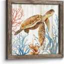 Framed Turtle Wall Art Decor: Wooden Coastal Theme Ocean Life Painting Artwork Seabed Sealife Coral Picture Print Modern Bathroom Bedroom Living Room Kitchen Decoration 24x24 inch