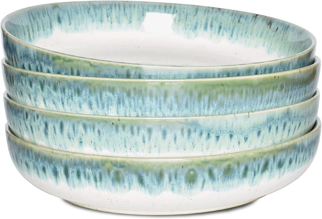 Bosmarlin Stoneware Large Pasta Bowls, 40 Oz, Set of 4, Big Salad Bowls, Microwave and Dishwasher Safe (Light Turquoise Green, 9.3 in)