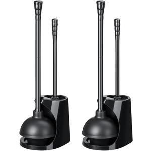 Qaestfy Toilet Plunger and Brush Set for Bathroom Cleaning, 2-in-1 Long Handle Toilet Bowl Brush with Stiff Bristles & Powerful Plunger, Space-Saving Holder (Pack of 2)