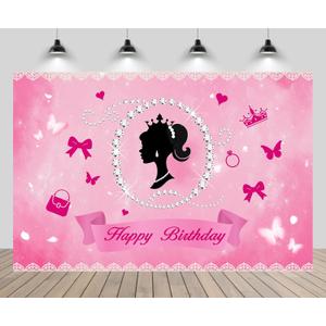 7x5ft Happy Birthday Backdrop Girls Birth Pink Theme Baby Doll Birthday Butterfly Crown Diamond Background Pink Theme Girl Doll Birth Party Baby Shower Party Decor Props (B1-NY2704)