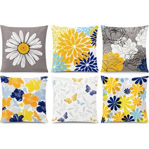 COMMINY Yellow Blue Pillow Covers 18x18 Set of 6, Daisy Flower Throw Pillow Cover Case Rustic Square Cushion Cover for Sofa Bedroom Living Room Farmhouse Home Decor