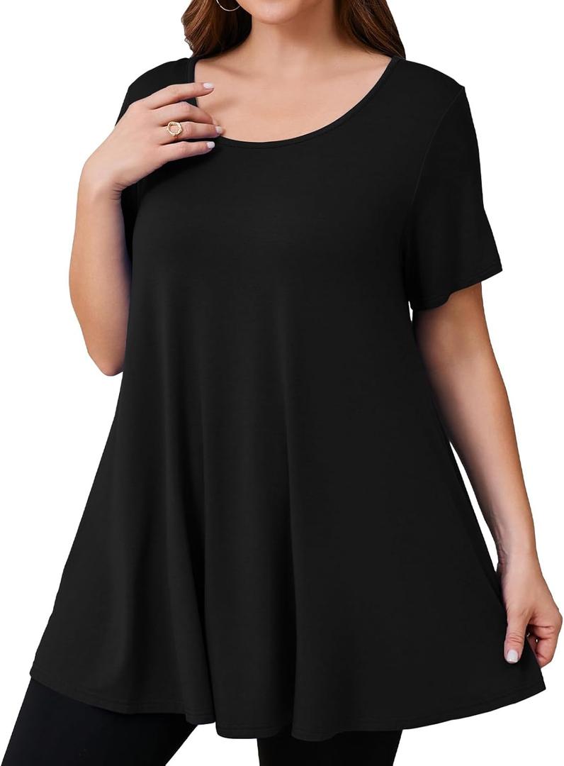 JollieLovin Women's Plus Size Tops Summer Tunic Short Sleeve Loose Fit T-Shirt to Wear with Leggings (X-Large, Black)