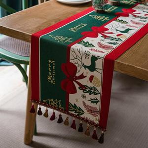 Christmas Table Runner Xmas Dining Table Linen Decoration with Tassels Cotton Blend Winter Holiday Decoration 13 x 70 inches (Green & Red, 13" x 70")