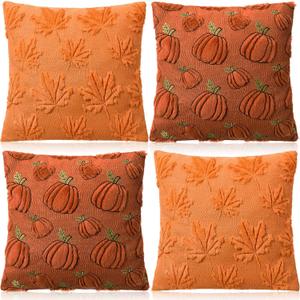 Breling 4 Pcs Fall Pillow Covers Set 18"x18" Pumpkin Leaf Throw Pillows Covers Home Farmhouse Fall Decorative Faux Fur Pillow Covers for Autumn Harvest Holiday Suppies