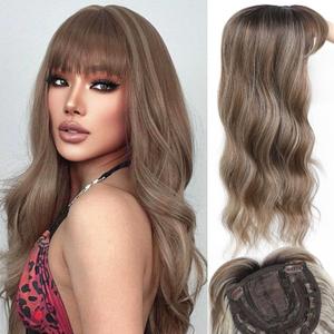 Hair Toppers for Women, 20 Inch Toppers Hair pieces for Women with Thinning Hair Big Base Curly Wavy Wiglets Cover 360 3D French Clip in Bangs (Highlights Brown with Dark Root)