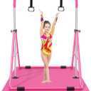 Safly Fun Kids Gymnastics Bar Foldable & Adjustable 35"-51", Safe Padded Gymnastics Bar for Kids, Sturdy 145 lbs Capacity, Easy-to-Assemble Gymnastics Equipment for Indoor/Outdoor Training (Pink with mat)