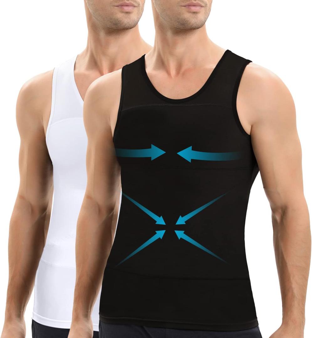 Lgtfy Mens Gynecomastia Compression Shirts, Slimming Body Shaper Tank Top, Tummy Control Undershirts - Change in Seconds (3X-Large, Black/White)