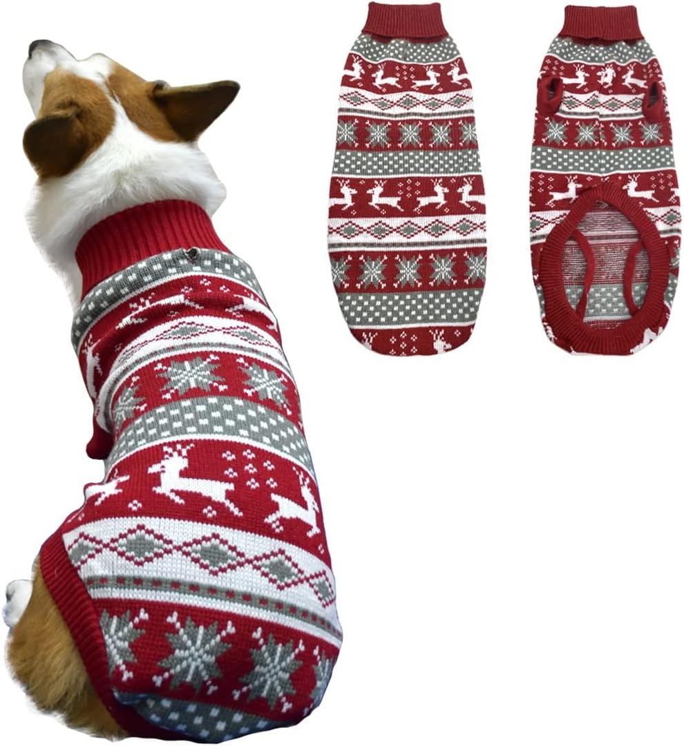 Vehomy Dog Christmas Sweater Xmas Pet Winter Knitwear Clothes Classic Warm Turtleneck Sweater Reindeer Snowflake Argyle Sweater Outfit for Medium Large Dogs L