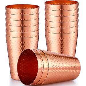 Nuogo 12 Pieces Aluminum Drink Cup, Copper Water Tumblers, 14 oz Metal Cups for Drinking, Hammered Surfaces Mirror Finish Stackable Cold Drink Glasses for Red or White Wine Iced Coffee and Moscow Mules