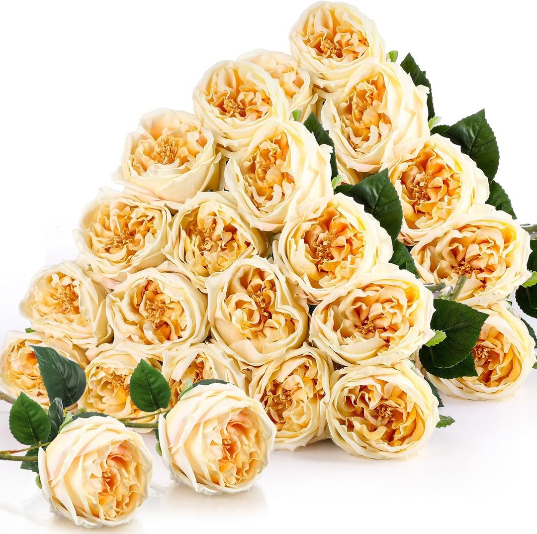 Giegxin 20 Pcs Real to Lifelike Peonies Austin Roses Artificial Flowers, Faux Look Real Long Stems Fake Flower with Big Blooms for Christmas Valentines Wedding DIY Arrangement Home Decor(Champagne)