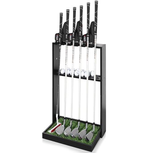 GUULIBERA Golf Putter Stand, Premium Wooden Golf Club Rack for 6 Clubs, 18 Balls & 3 Putter Covers Storage, Golf Putter Stand, Floor Display Rack for Indoor Home Office Club Simulator
