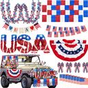 Moucuny 25 Pcs 4th of July Car Parade Decorations Kit Metal Wire Garland Fringe Garlands American Flags Fan Shaped Hanging Flag Banner Bows and USA Tinsel Wreath for Independence Day Car Parade
