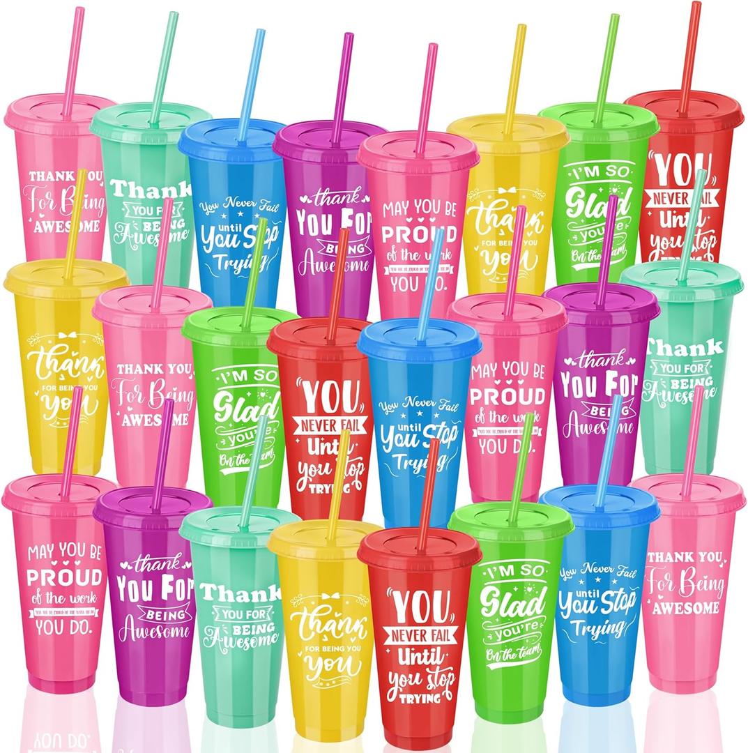Kochorie 24 Pieces Thank You Cups 24 Oz Inspirational Plastic Tumbler Cup with Lids and Straws Reusable Appreciation Gift Bulk Thank You Gifts for Staff Coworker Teacher Employee, Rainbow